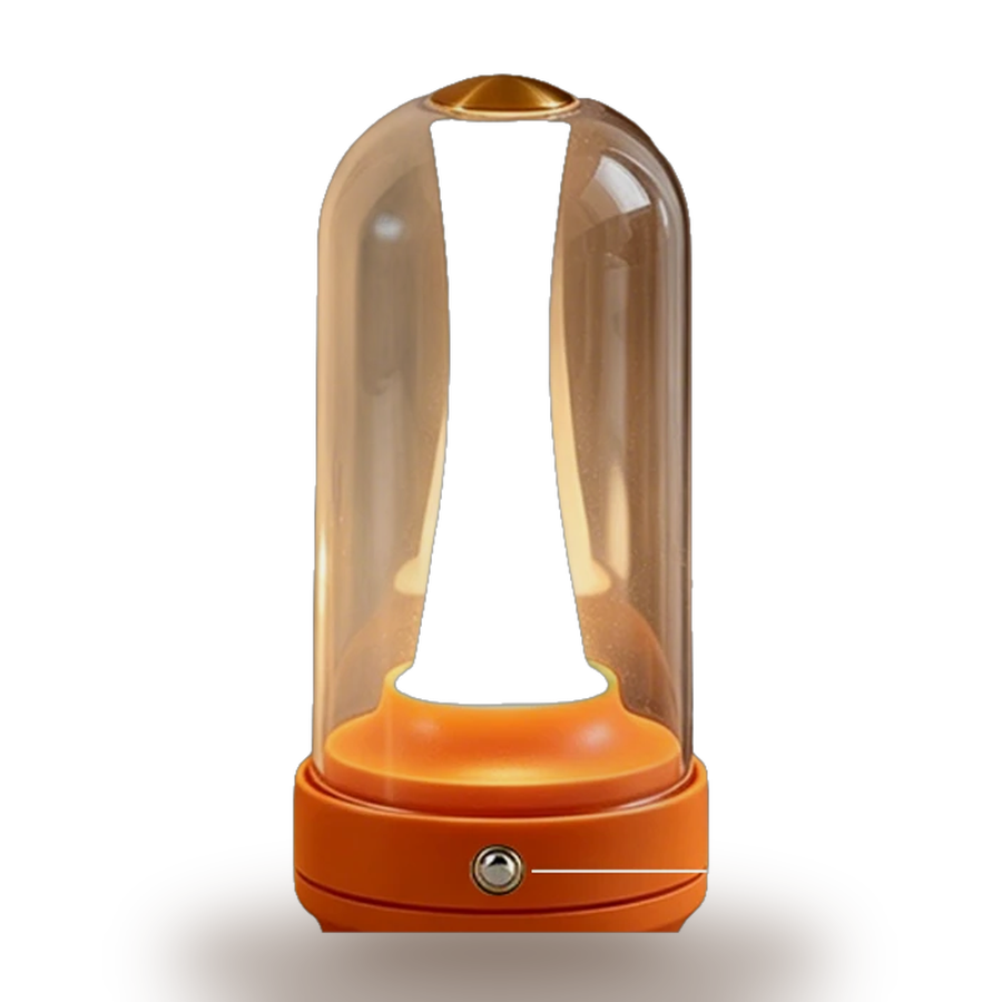 Cloche — a smoked glass dome over a warm filament on a rust-coloured rechargeable base.
