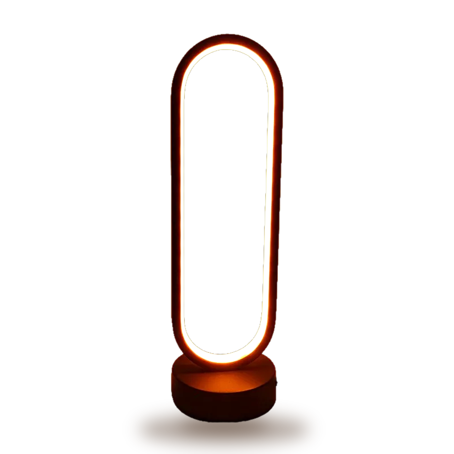 Halo — an upright oval ring of light standing on a solid walnut disc.