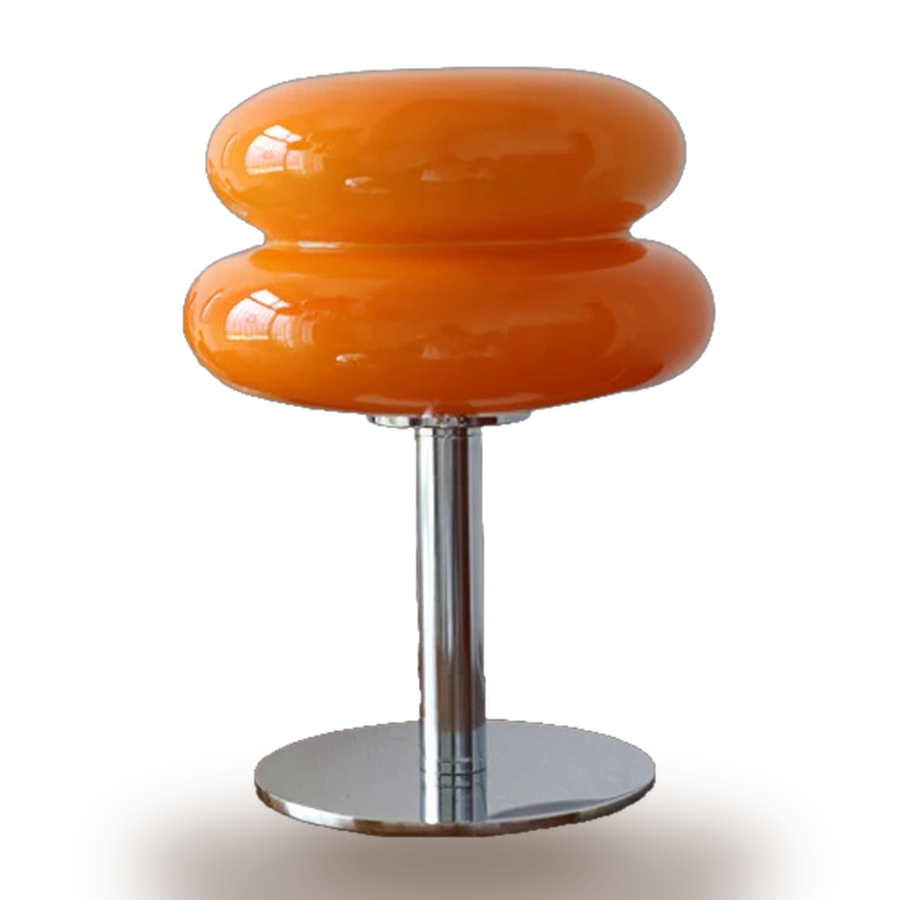 Macaron — two rounds of amber blown glass stacked on a polished chrome stem.